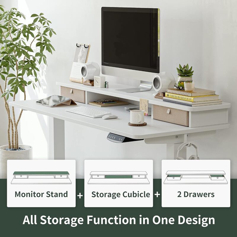 Altura ajustável Elétrica Standing Desk, gavetas duplas, cremalheira de armazenamento, Sit-Stand Desk, Branco, 60x24 in