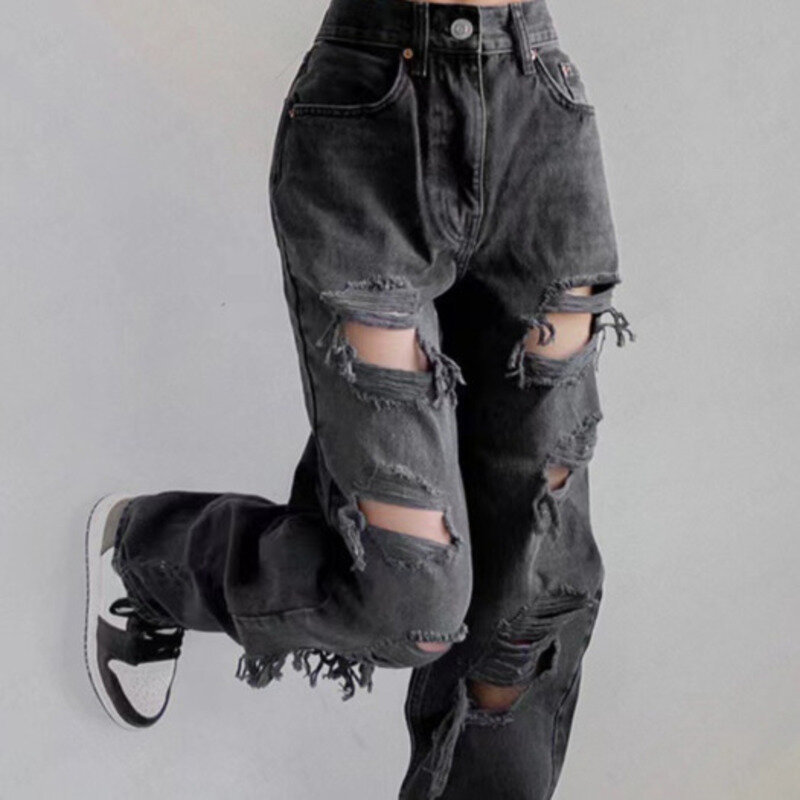 Pantalones vaqueros rasgados de cintura alta para mujer, Jeans de corte ajustado a la moda, con agujeros desgastados, con agua lavada, primavera y verano, novedad de 2024