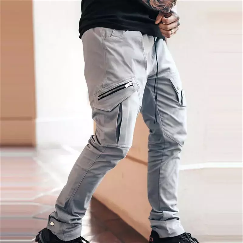 Calça masculina de harém de bolso lateral com zíper, calça hip hop preta, casual masculina de corredores, streetwear moda
