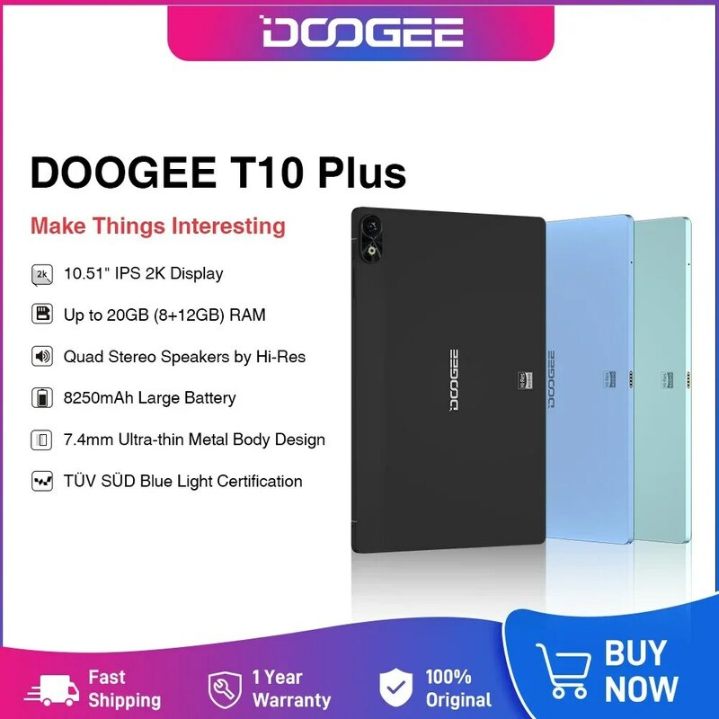 T10 Doogee PLUS แท็บเล็ต10.51 "หน้าจอ2K ได้รับการรับรองมาตรฐาน TÜV süd 8GB + 256GB 8250mAh 7.4mm บอดี้โลหะ13MP หลักกล้อง L1ไวดีน