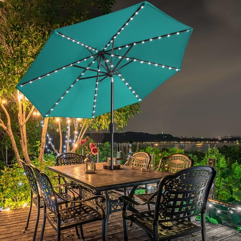 9ft Market Umbrella with 80 LED Lights Patio Umbrellas Outdoor Table Umbrella，10-Year-Non-Fading Sunumbrella Solar