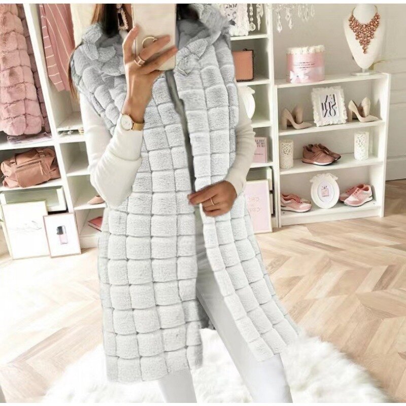 Women Faux Fur Hooded Vest Coat Elegant Winter Warm Thick Sleeveless Long Outwear Cardigan Waistcoat