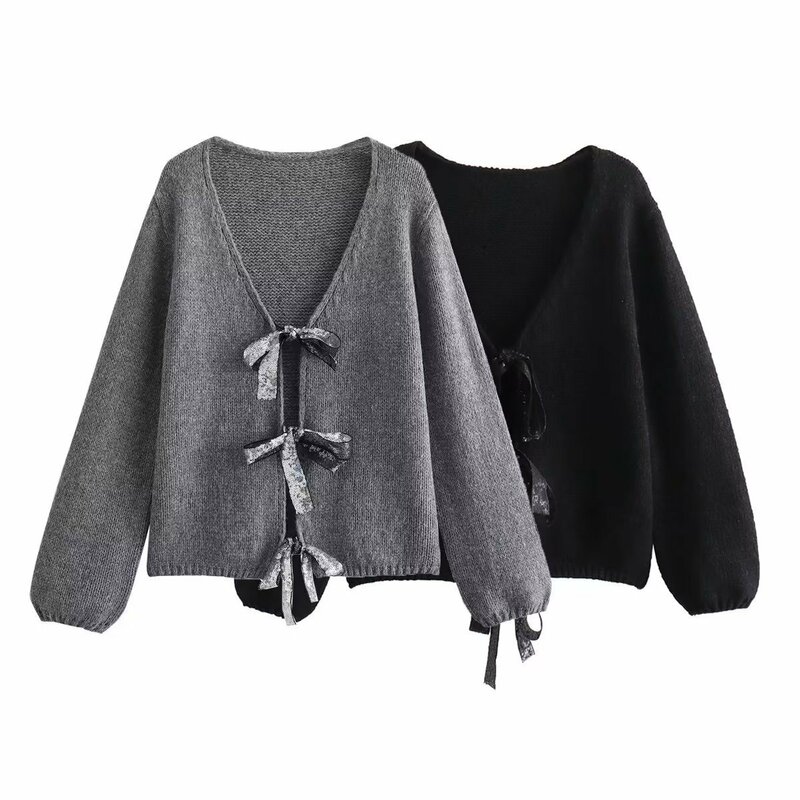 Autumn Women V-Neck LaceUp Sweater With Sequined Bow Knit Cardigan