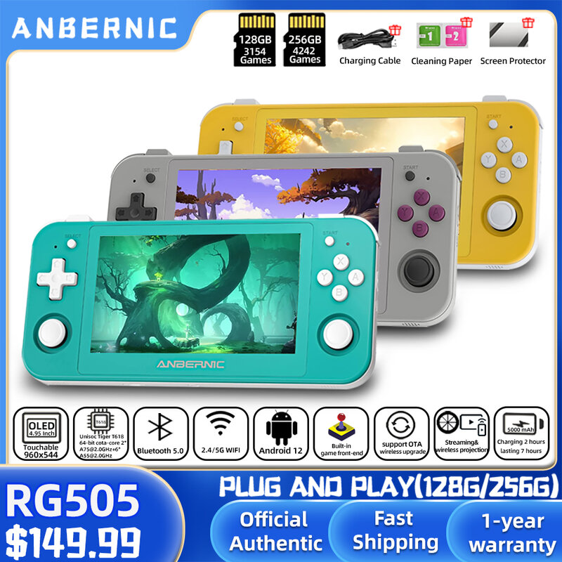 ANBERNIC konsol Game genggam RG505, sistem Android 12 unioc Tiger T618 4.95 inci OLED dengan Hall joycota pembaruan