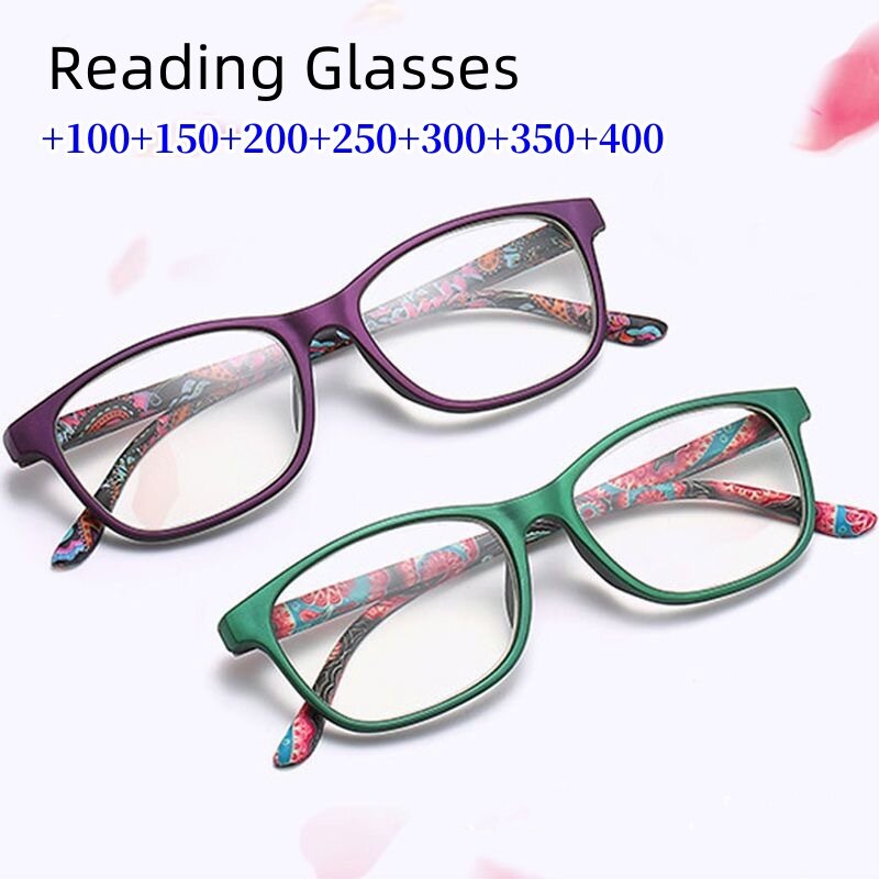 Óculos de leitura das mulheres com estampa de flores, resina, ampliação, presbiopia, + 1.0 ~ + 4.0, moda