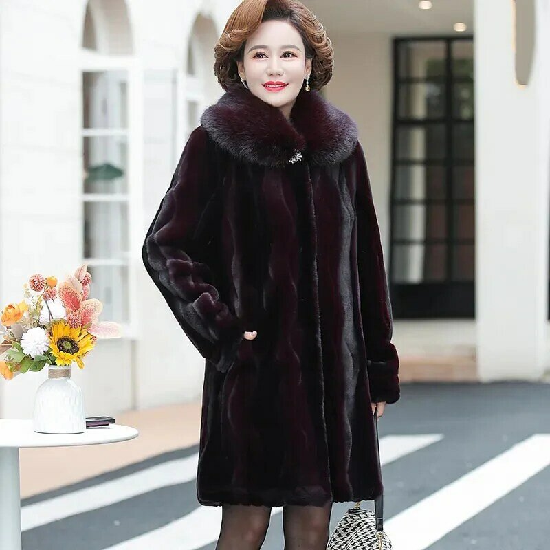 중년 여성 모조 모피 코트, 두꺼운 따뜻한 겨울 패딩 재킷, 캐주얼 롱 스노우 세이블 파커 오버코트, 5XL, 신상