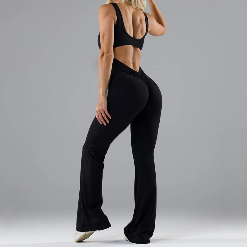 Baju terusan Yoga gaya olahraga punggung berongga wanita, celana terusan pinggul persik madu dengan bantalan dada 831 gaya olahraga musim gugur baru