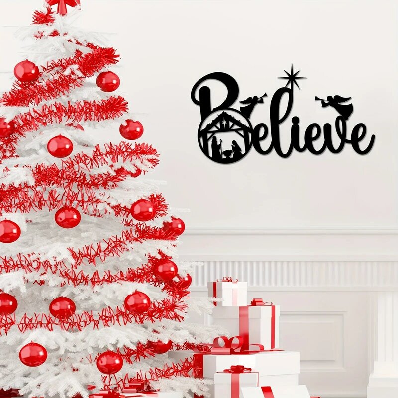 CIFBUY 성탄절 금속 벽걸이 장식, 성탄절 금속 벽걸이 장식, 실루엣 벽 예술, 크리스마스 장식, "믿어"