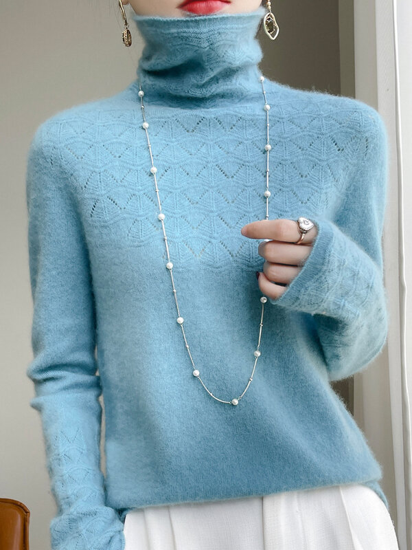 Camisola de manga comprida de gola alta feminina, 100% lã merino, camisa básica, malha de cashmere, outono, inverno