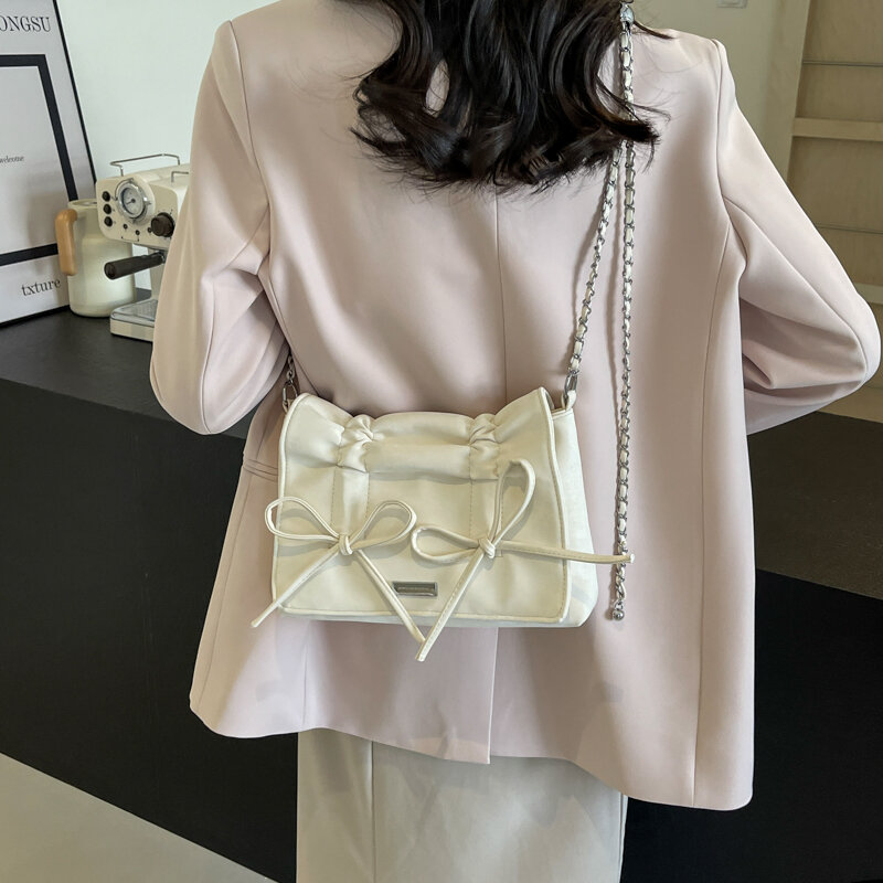 LEFTSIDE Bow Small Crossbody Bags for Women 2024 Korean Fashion PU Leather Shoulder Bag Underarm Bags Chain Handbags and Purses