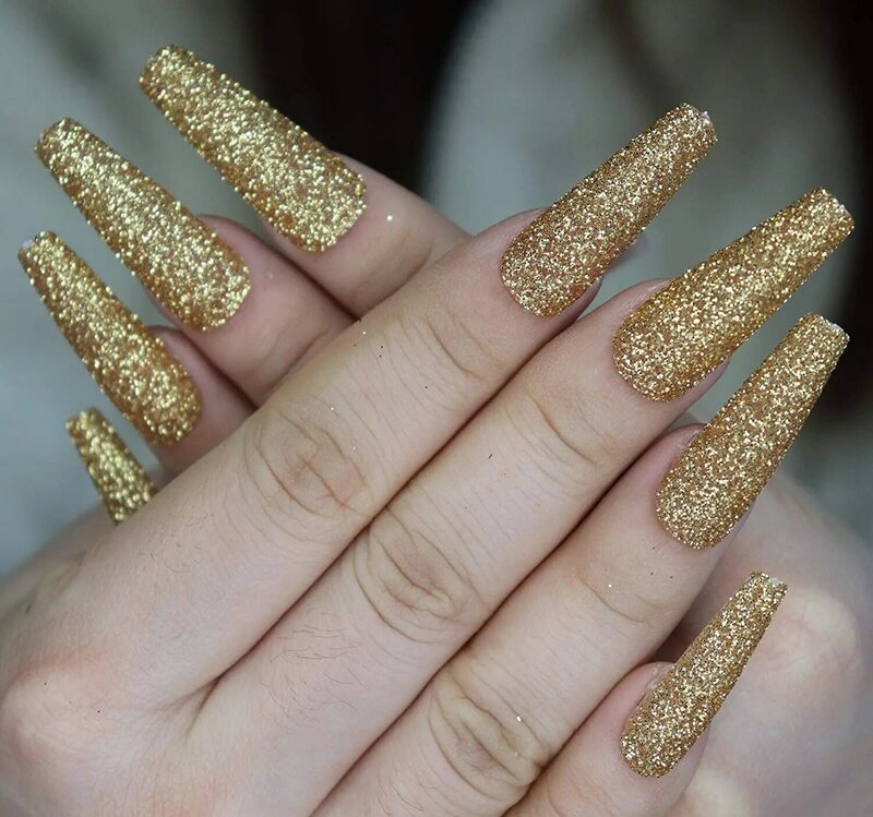 Блестящие накладные ногти с золотым порошком, очень длинные гробы в форме балерины, накладные ногти с полным покрытием, блестящие искусственные акриловые балетки