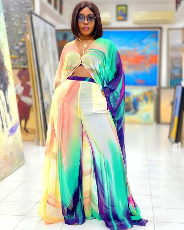 Vestidos africanos para mujer, conjunto de 2 piezas con estampado Digital, bata holgada de gasa con manga de murciélago y pantalón de pierna ancha de punto de Color sólido