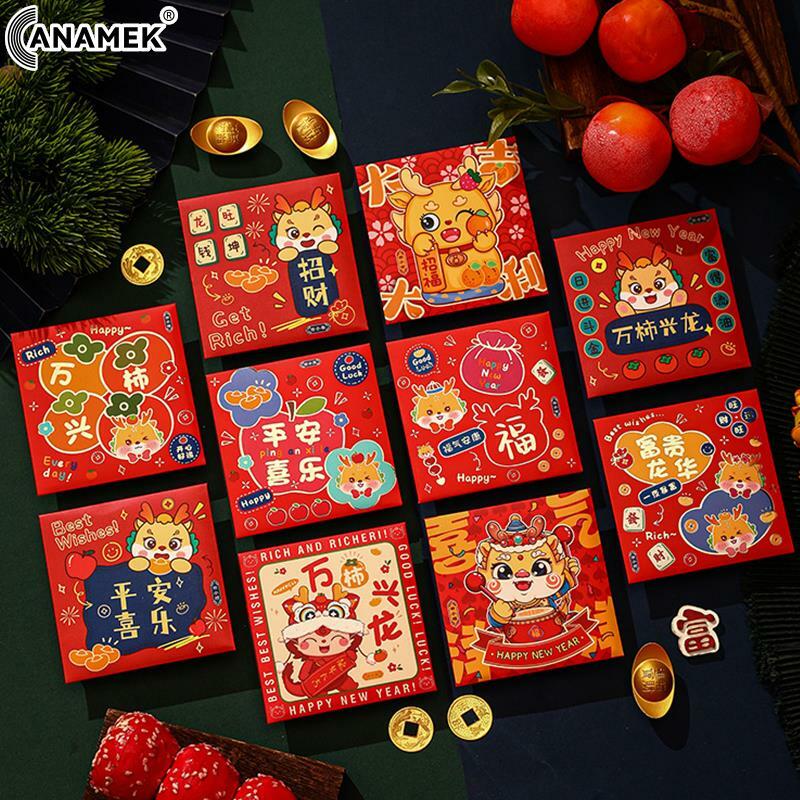 6 buah 2024 tahun gaya Cina paket Tahun Baru merah dompet pola naga lucu kertas hadiah tas uang keberuntungan dekorasi amplop Tiongkok