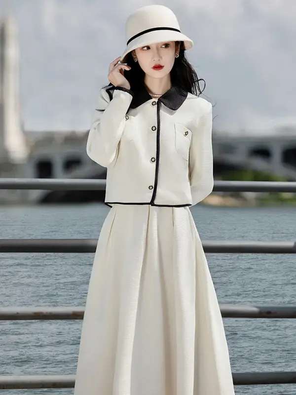 High Quality French Vintage Small Fragrant Two Piece Set Women Jacket Coat + Long Skirt Sets Fall Elegant Fashion 2 Piece Outfit