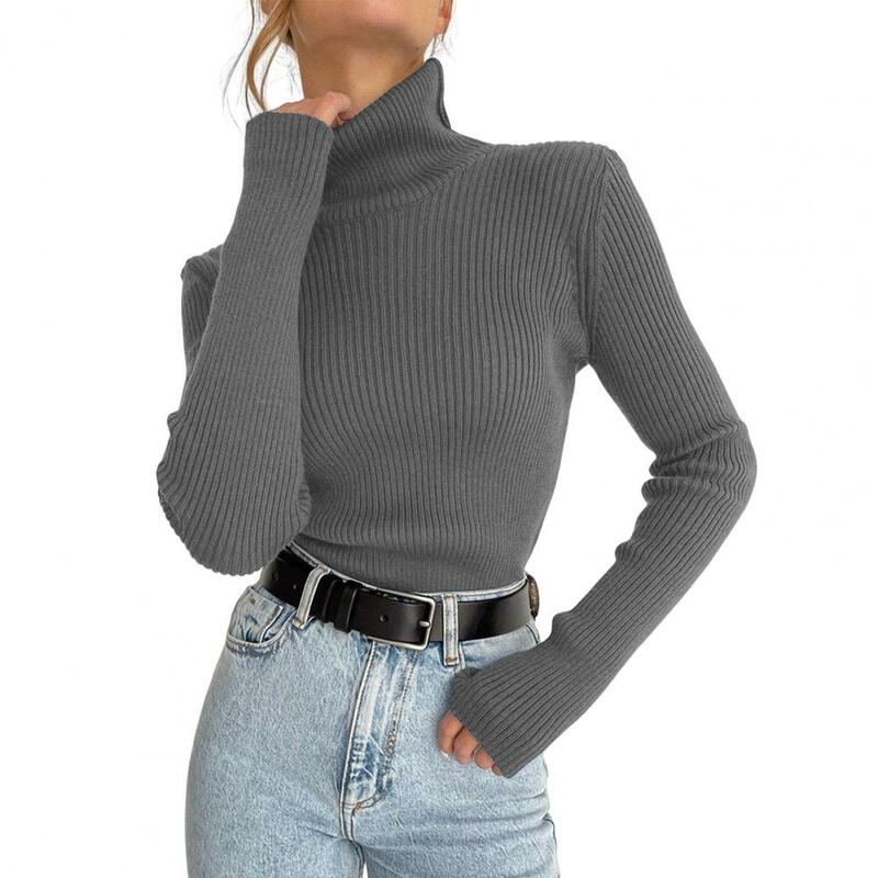 Sweater wanita kerah tinggi, atasan 2023 untuk musim gugur, Sweater musim dingin, wanita, rajut ketat, tekstur bergaris elastis, lengan panjang, Anti kerut