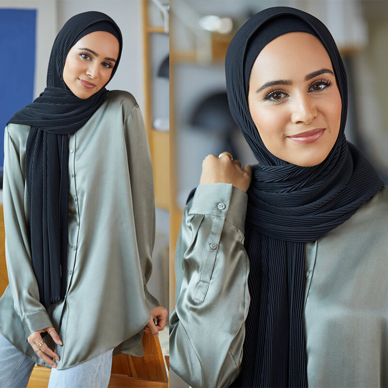 Ramadan wanita Muslim kerut Hijab Lebaran hadiah mode padat lembut panjang syal Muslim wanita polos bungkus katun 90*180cm