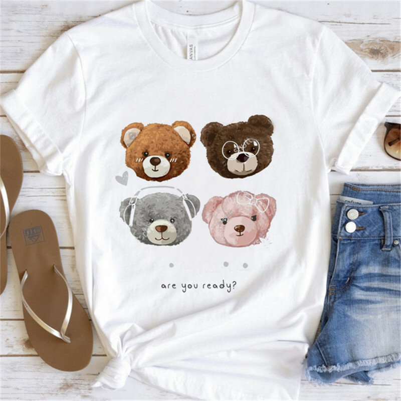 여성용 그래픽 티셔츠, 귀여운 곰 반팔 의류, 프린트 티셔츠, 90 년대 패션 스타일, 여름