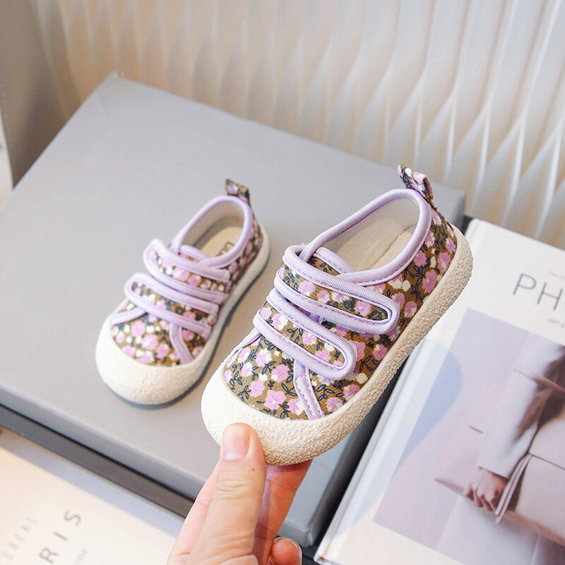 Zapatos de lona de suela suave para niñas pequeñas, zapatos individuales de princesa para niños, zapatos casuales planos cómodos para bebés, púrpura