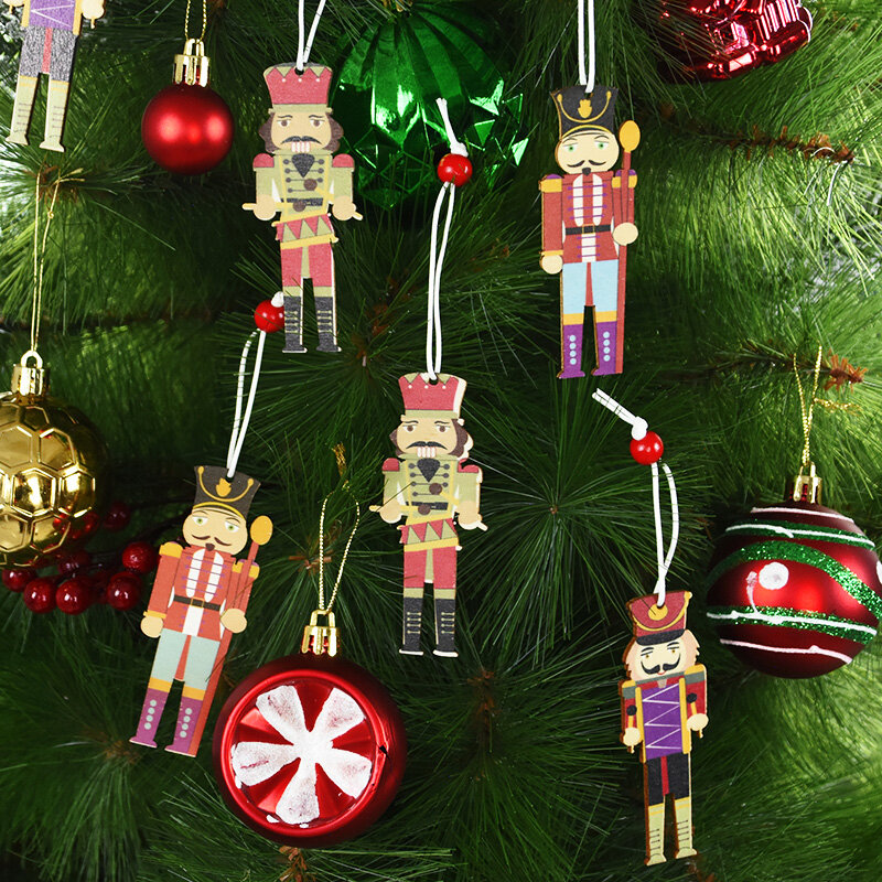 9Pcs Christmas Nutcracker Puppet Wooden Pendants Xmas Tree DIY Craft Hanging Ornaments Christmas Party Home Decoration