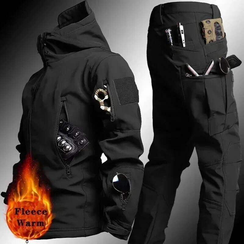 2024 Men's Winter Jacket Tactical  Sets Fleeced Sharkskin Windproof Waterproof Padding Suits Paintball Uniform Pockets Camo