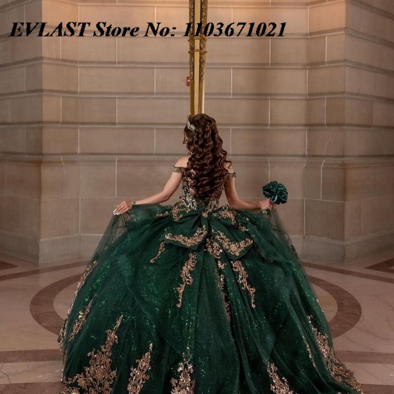 Evlast Smaragdgrün Quince anera Kleid Ballkleid Gold Spitze Applikation Perlen gestuft mit Schleife süß 16 Vestidos de XV 15 Anos sq6