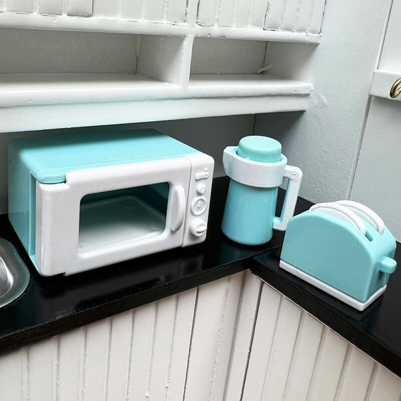 1Set 1:12 Rumah Boneka Mainan Dapur Mini Microwave Pembuat Roti Ketel Kit Dapur Peralatan Masak Mainan Miniatur Dapur Rumah Aksesori