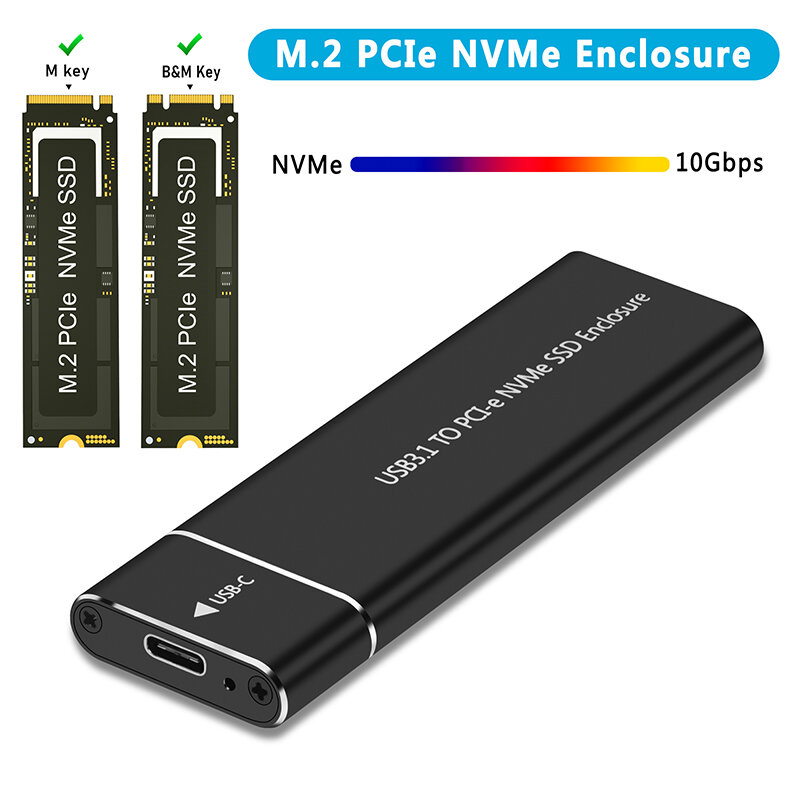 Adaptador M.2 NVMe SSD, Caixa de Alumínio, USB C 3.1, Gen2 10Gbps para NVMe PCIe Caixa Externa para 2230, 2242, 2260, 2280