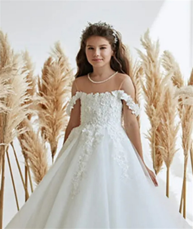 Vestido de tule branco fofo para florista, decalque de um ombro, frisado, elegante, eucarístico infantil, festa de aniversário, casamento