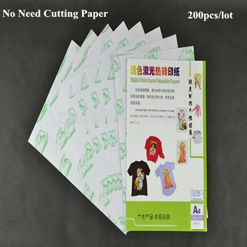 Non c' è bisogno di tagliare la carta Laser 200 pezzi * carta A4 stampa di carta a trasferimento termico di colore bianco per la carta di trasferimento del tessuto della maglietta