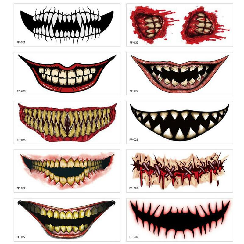 10 Styles Halloween Prank Makeup Temporary Tattoo DIY Clown Horror Big Mouth Face Tattoo Sticker Halloween Masquerade Cosplay