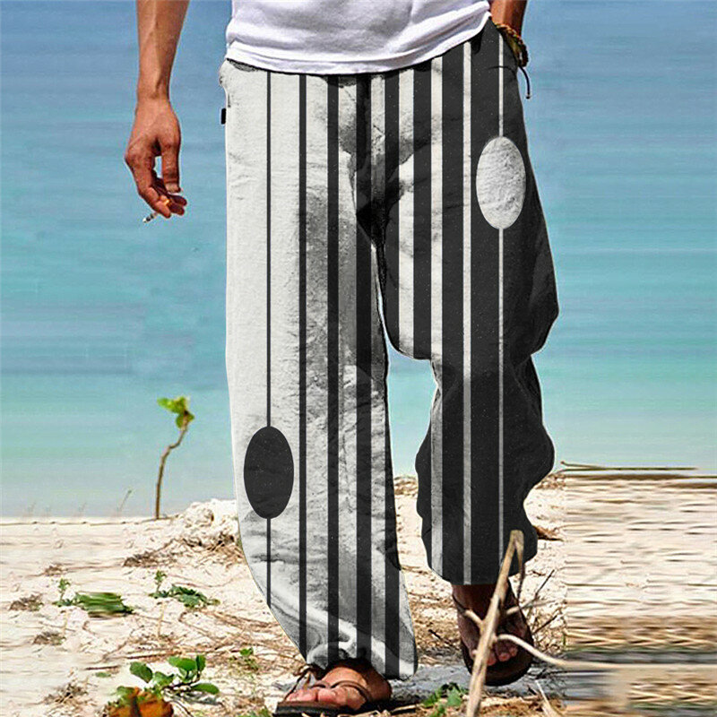 Брюки мужские с широкими штанинами, пляжные повседневные свободные штаны для отдыха, с 3D-принтом в полоску, разные цвета, летняя мода