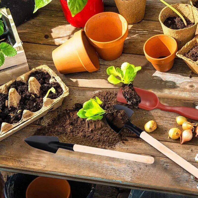 Mini herramientas de macetas de jardinería, pala con mango de madera, rastrillo, pala, herramientas multifuncionales para el hogar, bonsái, 3 piezas