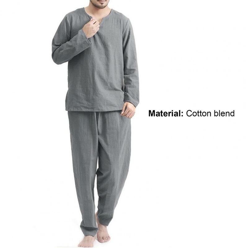 Homens Pijamas Cor Sólida Confortável Solto V Pescoço Homens Pijamas para Dormir Homewear Masculino Sleepwear T-shitrs Solto + Calças Conjuntos