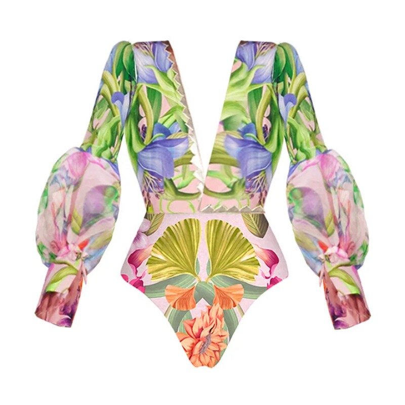 Women Swimwear V-neck Long Sleeve Flowers Printed One Piece Swimsuit and Skirt  Beachwear Bathing Suit bikini Two piece
