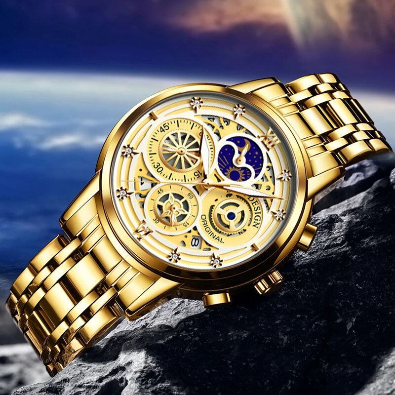 Часы наручные LIGE женские золотистые, креативные водонепроницаемые с браслетом из стали, 2023