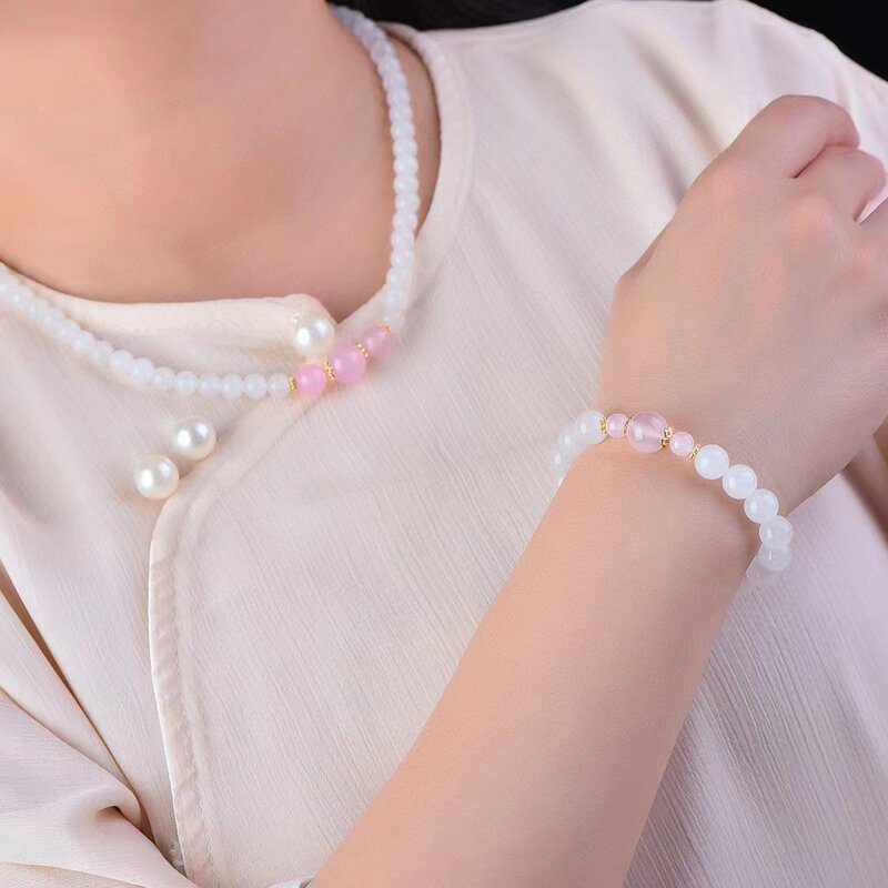 Golden Silk Jade Hand Chain & Necklace Natural Stone Round Bead Chain Women Gemstone Bracelets Charms Jewelry Mother's Day Gifts