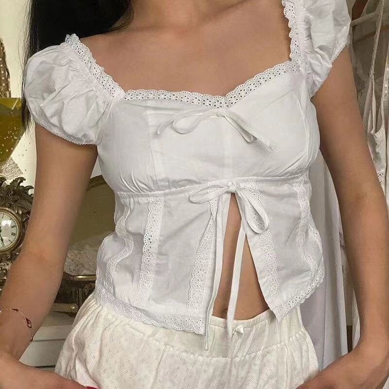 QWEEK Lace Up camicie ritagliate bianche donna corsetto estate moda coreana off shouder camicette donna estate manica corta giovanile