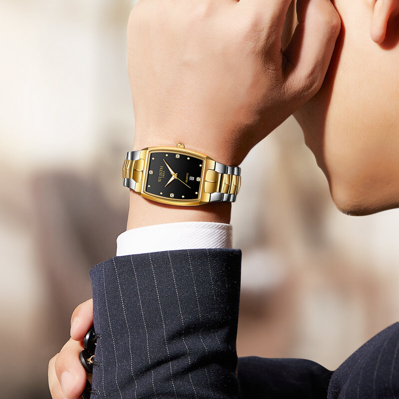 Prostokątne luksusowe zegarek dla pary złote modne ze stali nierdzewnej miłośnicy kwarcowych zegarków na rękę dla kobiet mężczyzn analogowe zegarki na rękę z datownikiem