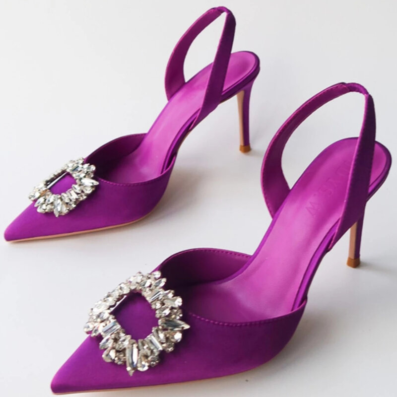 Sandalias de tacón medio con diamantes de imitación para mujer, zapatos puntiagudos, a la moda, para otoño y verano, novedad de 2023