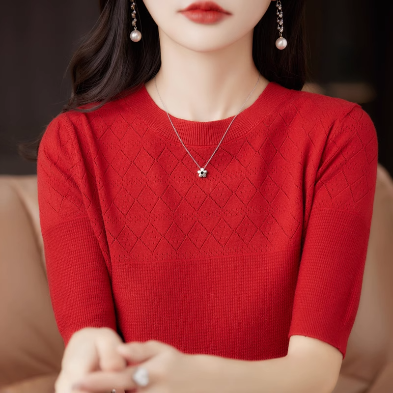 Zomer Nieuwe Mode Koreaanse Eenvoudige Temperament Uitgehold T-Shirt Met Korte Mouwen Vrouwen Effen Ronde Hals Losse Veelzijdige Gebreide Tops
