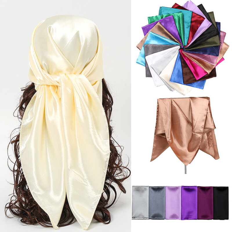 Fashion 90*90cm Solid Square Scarf Fake Imitated Silk Wraps Elegant Floral Head Neck Hair Tie Band Ladies Women Girls Kerchief