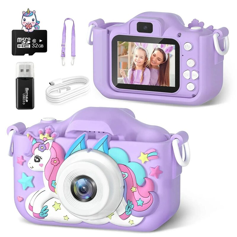 Minicámara Digital de unicornio para niños de 7 a 12 años, cámara de juguete, 1080p, HD, grabación de vídeo para regalos de cumpleaños