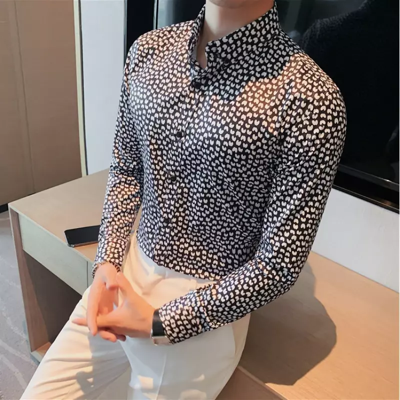 Camisa xadrez estampada de manga comprida masculina, vestido social formal, slim fit, tops de festa, moda primavera e outono, alta qualidade, 2024