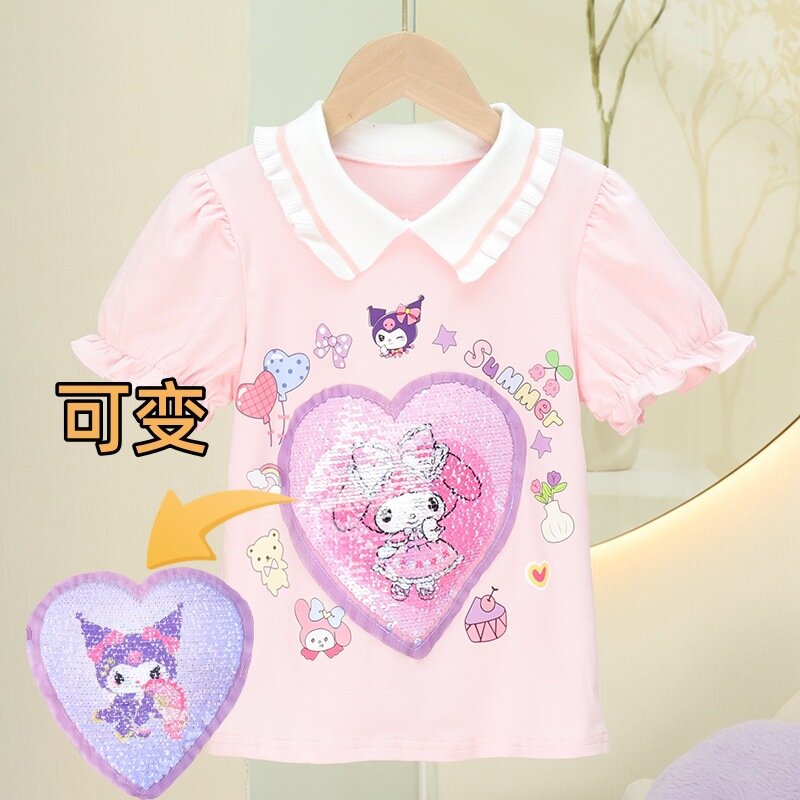 Camiseta de manga curta Anime Sanrios infantil, kawaii, My Melody, Kuromi, desenhos animados de algodão meia blusa, roupas da moda, verão