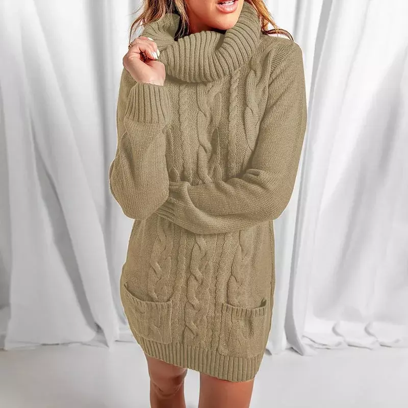 New Fashion Autumn Clothes for Women Autumn and Winter High Necked Round Neck Knitted Long Sleeve Short Mini Sweater Dress