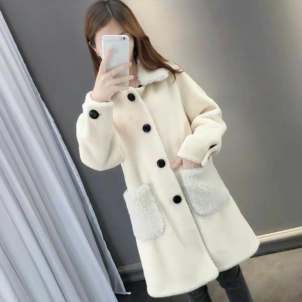 Grained sheearling jaqueta imitação de lã de cordeiro senhoras casaco de comprimento médio engrossado e quente