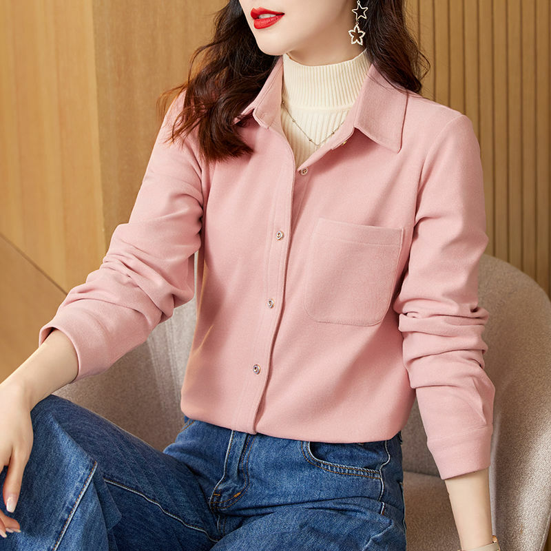Dames Koreaanse Mode Turn Down Kraag Knoop Up Shirt Herfst Winter Chique Dikke Blouse Effen Lange Mouw Losse Tops Blusas Mujer