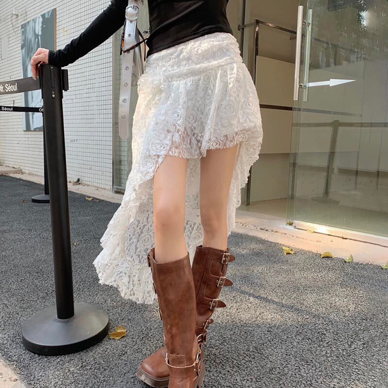 TARUXY-falda de encaje para mujer, Falda corta de doble cubierta Irregular, Sexy, transparente, Patchwork blanco, Y2K, Verano