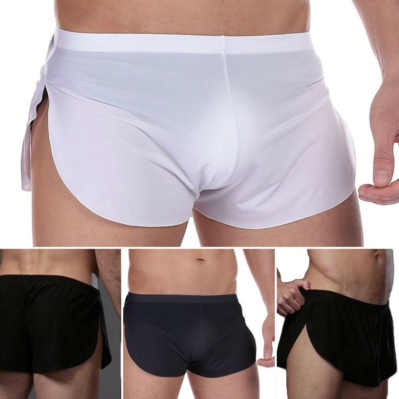 Calça sexy redonda de três pontos dos homens, cor sólida, sedosa, fina, respirável, shorts translúcidos, solta, casual Home Pants