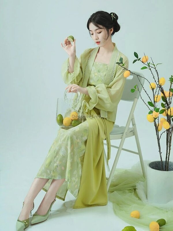 2024 hanfu kobiece chińskie pieśni dynastii drukowana, koronkowa hanfu codziennie ulepszane elegancka wiosenna lato retro trzyczęściowy zestaw hanfu w381